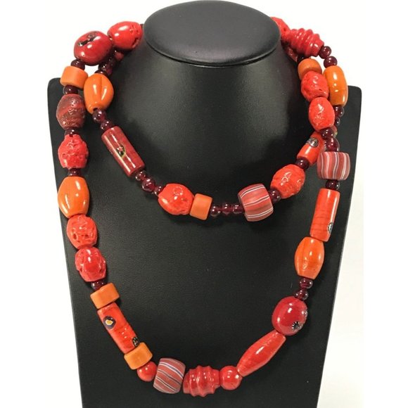Unbranded Jewelry - Brick Red Assorted Antique African Trade Bead Necklace 38" 77 Beads Shapes Sizes